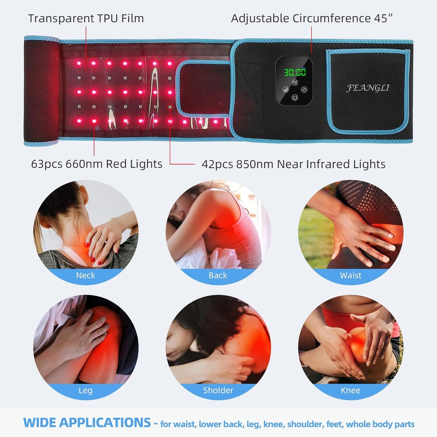 Red Light Therapy Belt - Wireless Rechargeable Controller with Timer 660Nm&850Nm Infrared Light for Body Waist Back Knee Joints Shoulder Pain Relief, Reduce Inflammation, Faster Recovery